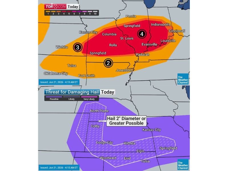 TORCON 4 Tornado Threat Targets Indianapolis, St Louis, Louisville and Springfield Father's Day With Large Destructive Hail and Damaging Winds