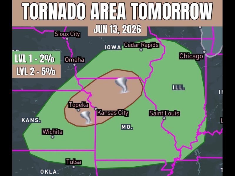Tornado Area in Place for Northeast Kansas and Northern Missouri Including Topeka and Kansas City as Supercells and Damaging Winds Threaten Saturday June 13