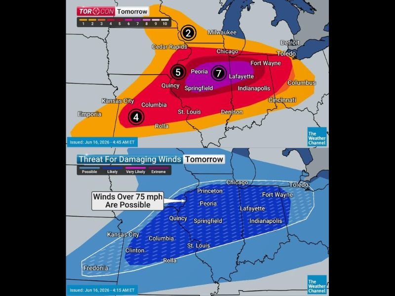 Tornado Outbreak Threatens Peoria, Springfield, Lafayette, and Indianapolis With EF3+ Tornadoes, 2″+ Hail, and 80 MPH Winds Hitting Illinois and Indiana This Wednesday