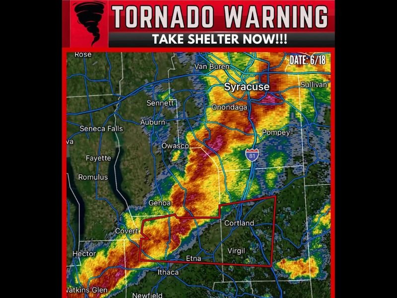 Tornado Warning Issued Near Ithaca and Taughannock Falls New York as Tornado-Capable Storm Races East at 50 MPH Toward Cortland and Syracuse — Take Shelter Now