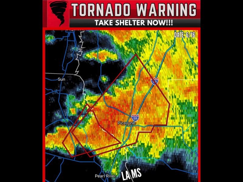 Tornado Warning Issued Near Picayune Mississippi as Tornado-Capable Storm Crosses the Louisiana and Mississippi Border Moving Northeast at 15 MPH — Take Shelter Now