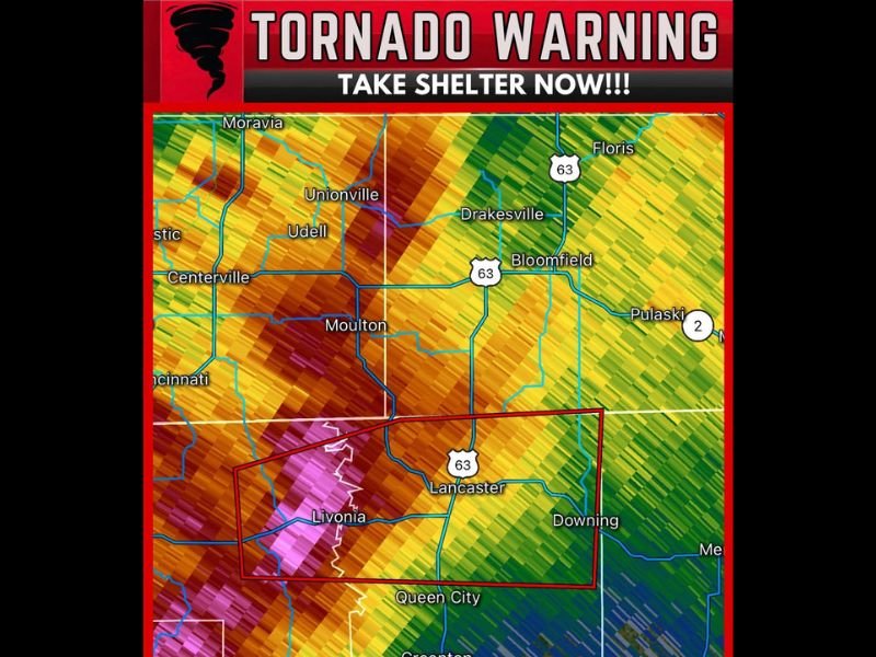 Tornado Warning Issued for Lancaster and Queen City Missouri as Tornado-Capable Storm Moves East at 40 MPH — Take Shelter Immediately
