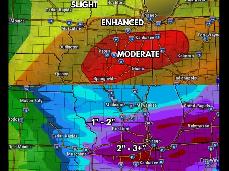 Tornadoes, Damaging Winds, and 2 to 3+ Inches of Rain Target Peoria, Springfield, and Champaign Under Moderate Risk as Illinois Severe Weather Outbreak Looms Wednesday