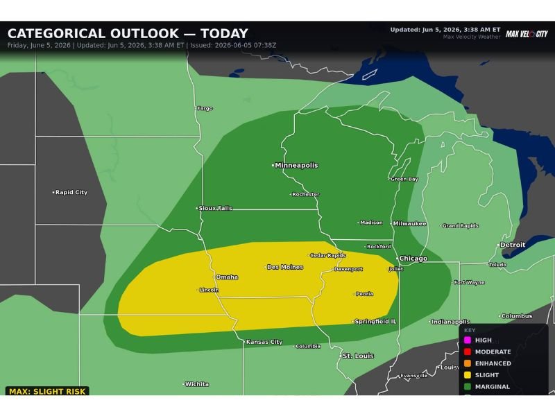 Very Large Hail Damaging Winds and Tornadoes Targeting Chicago Omaha Des Moines and Peoria With Significant Severe Weather Arriving After Sunset Friday Night