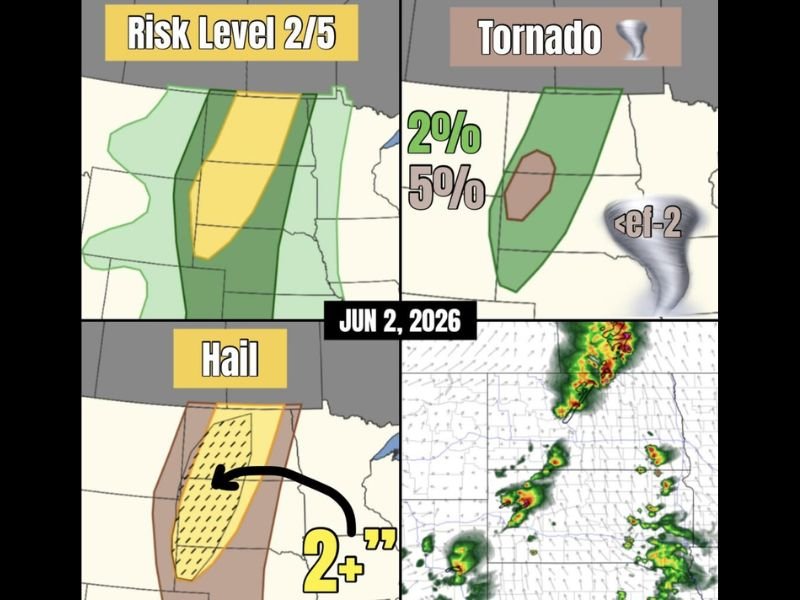 Very Large Hail Over 2 Inches and Couple of Tornadoes Possible Across the Dakotas With Northwest South Dakota at Greatest Risk Tuesday June 2nd