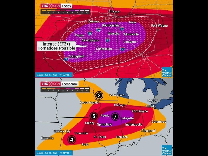 Violent Weather Day With TORCON 7 and Intense EF3+ Tornadoes Targets Peoria, Champaign, Bloomington, and Lafayette With 75+ MPH Winds and 2"+ Hail Possible Through Tonight
