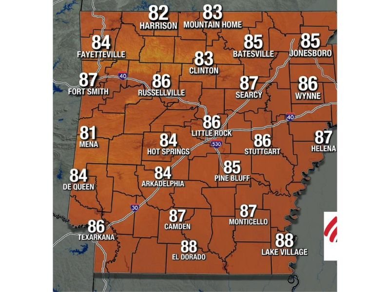 Warm Afternoon Highs in the Mid to Upper 80s Across Arkansas Including Little Rock Fort Smith and Helena With Low-End Rain Chances Returning to Western Counties Friday