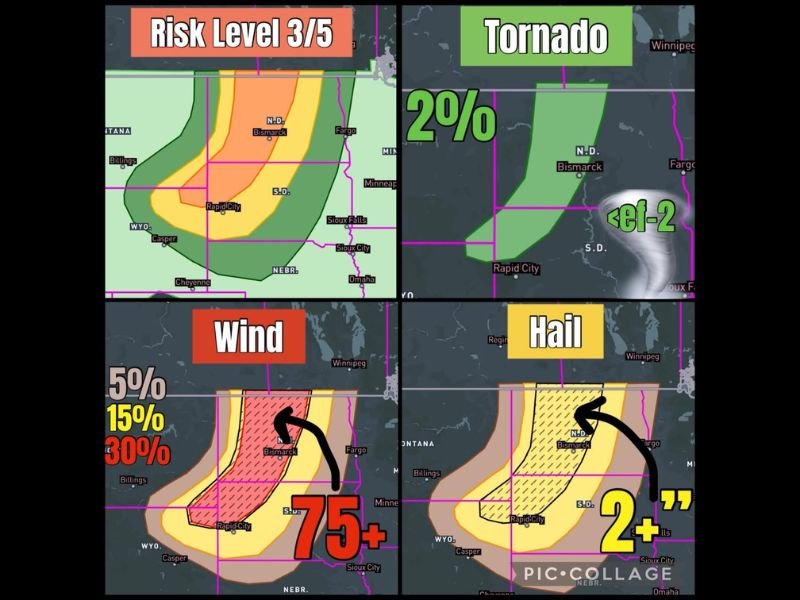 Wind Gusts Exceeding 75 MPH and Very Large Hail Targeting North and South Dakota Including Bismarck Rapid City and Fargo With Enhanced Risk Level 3 Today